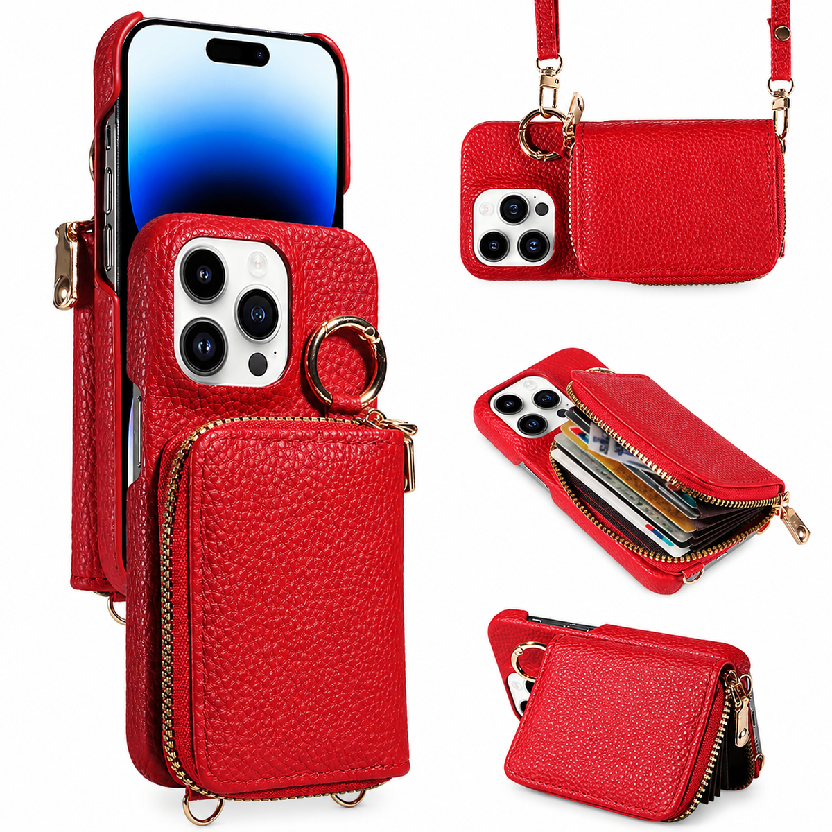 Premium iPhone Case Zipper Wallet Crossbody Cover PU Leather Card Holder Lanyard Strap Magnetic Closure Shockproof Full Protection Slim Design