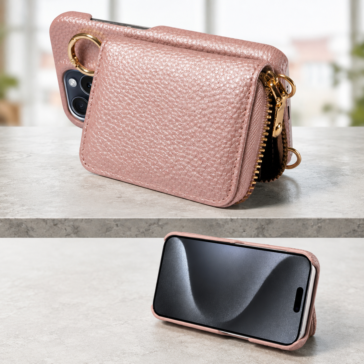Premium iPhone Case Zipper Wallet Crossbody Cover PU Leather Card Holder Lanyard Strap Magnetic Closure Shockproof Full Protection Slim Design