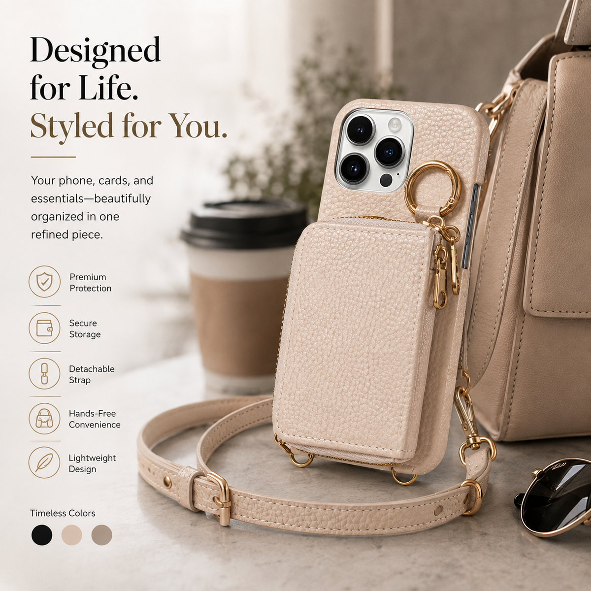 Premium iPhone Case Zipper Wallet Crossbody Cover PU Leather Card Holder Lanyard Strap Magnetic Closure Shockproof Full Protection Slim Design