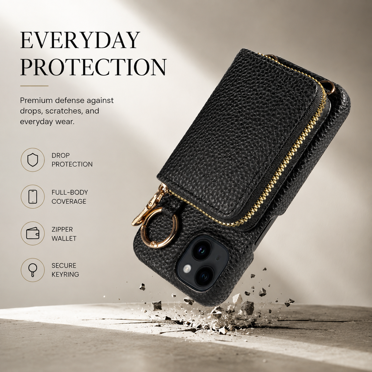 Premium iPhone Case Zipper Wallet Crossbody Cover PU Leather Card Holder Lanyard Strap Magnetic Closure Shockproof Full Protection Slim Design