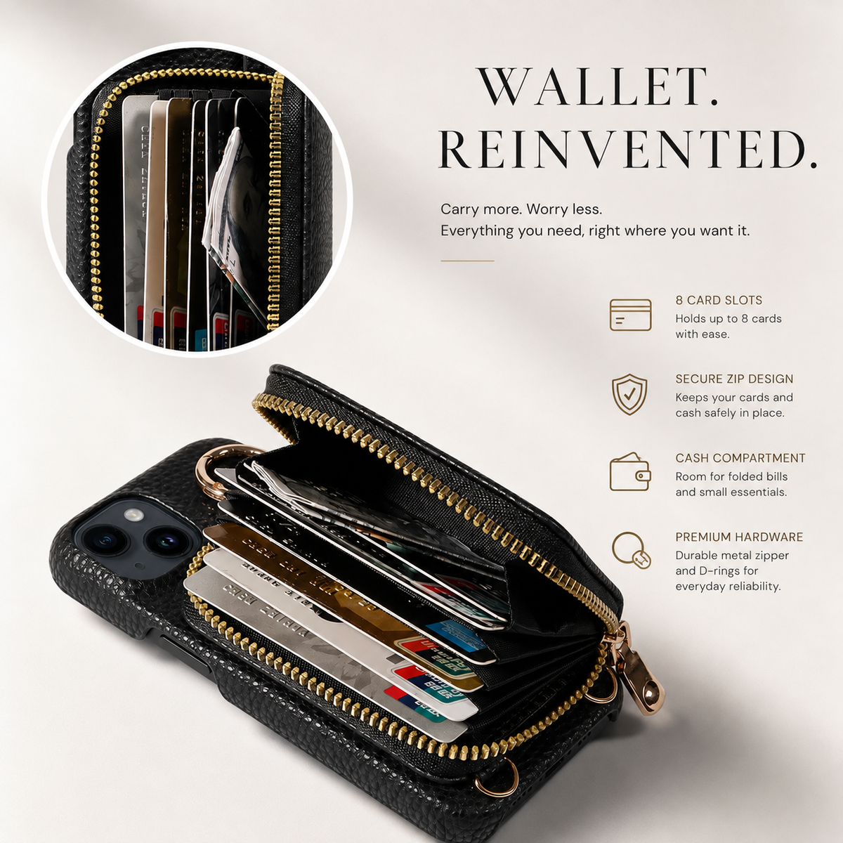 Premium iPhone Case Zipper Wallet Crossbody Cover PU Leather Card Holder Lanyard Strap Magnetic Closure Shockproof Full Protection Slim Design
