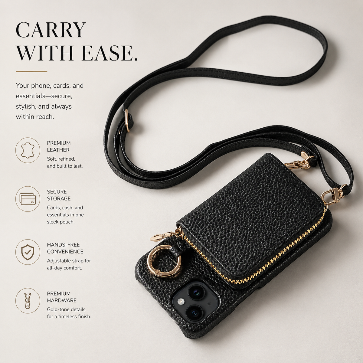 Premium iPhone Case Zipper Wallet Crossbody Cover PU Leather Card Holder Lanyard Strap Magnetic Closure Shockproof Full Protection Slim Design